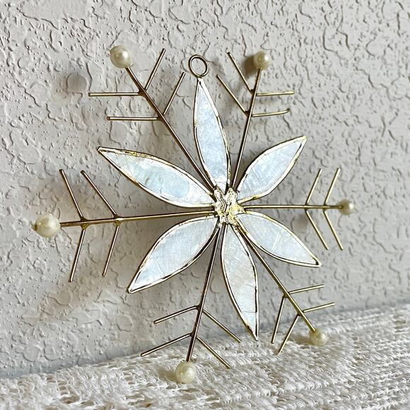 Vintage Christmas Mother-of-Pearl Gold-Tone Snowflake Holiday Ornament - Picture 2 of 15